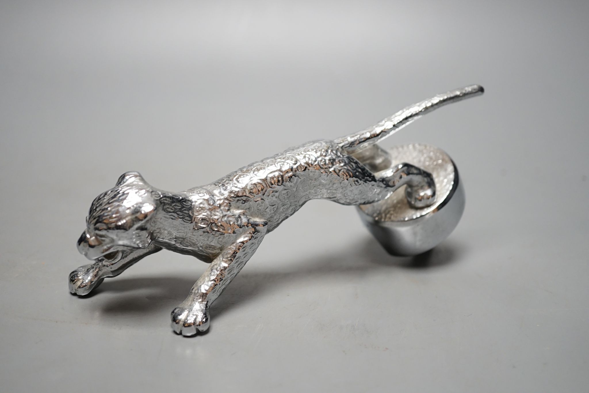 A chrome jaguar car mascot, no.521, in labelled original box, 19 cms long.